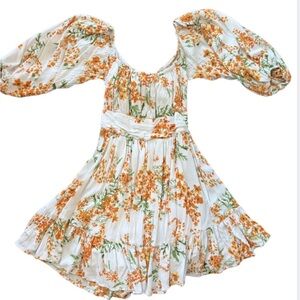 Hello Molly Floral Puff Sleeve Mini Dress Small Orange White Ruffle Cottagecore